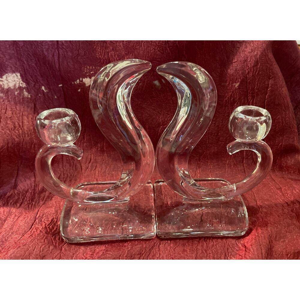 New Martinsville Flame Art Deco Candlestick Set, Vintage Clear Art Glass 6.75x4”